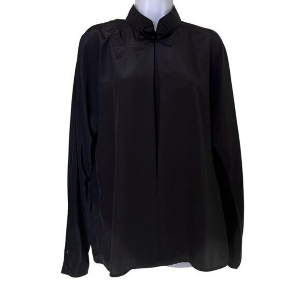 REGINA PORTER VTG Black High neck satin long sleeve high collar blouse sz 12
